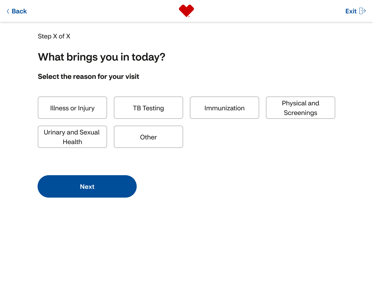 Reason-for-visit selection screen with large touch targets.