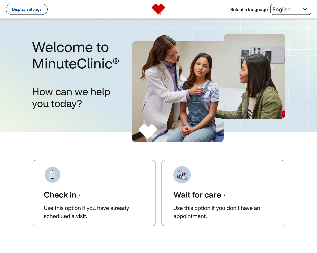 Redesigned kiosk welcome screen: check in for an appointment or wait for care.