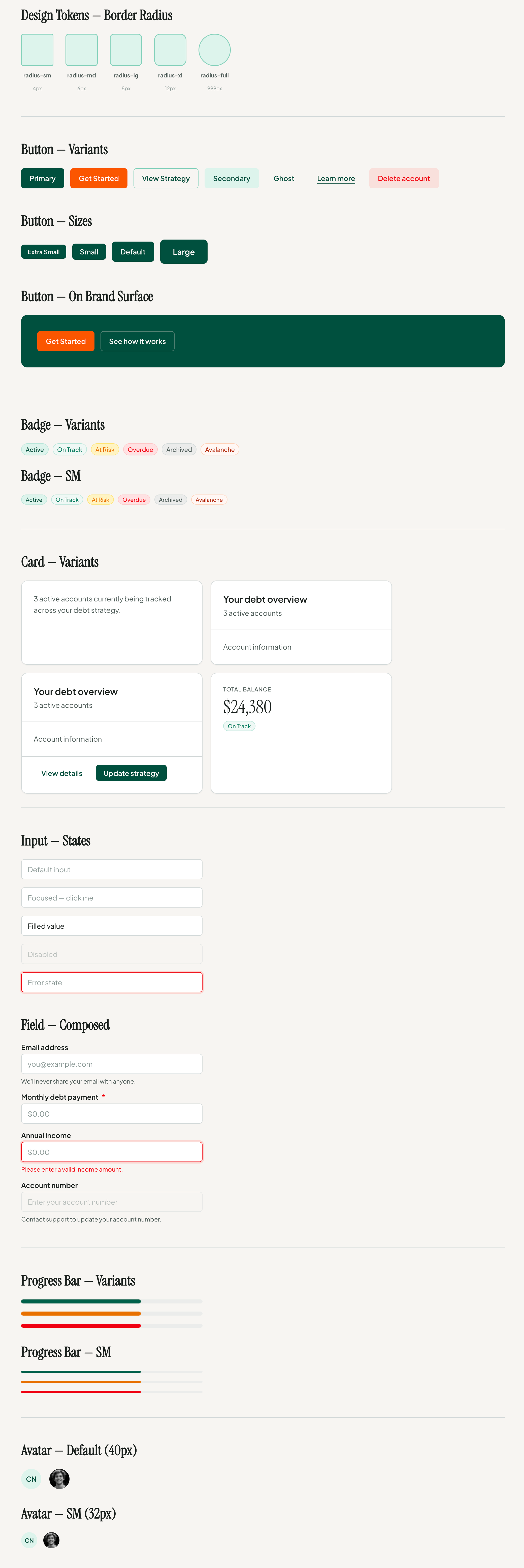 Openloop component variants: buttons, badges, cards, inputs, and progress bars, grounded in shadcn/ui primitives.