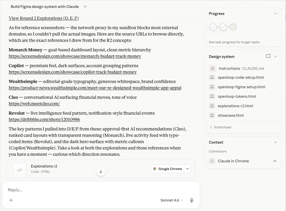 Screenshot of the actual Claude session: competitive references cited with URLs, design-system files in the project sidebar.