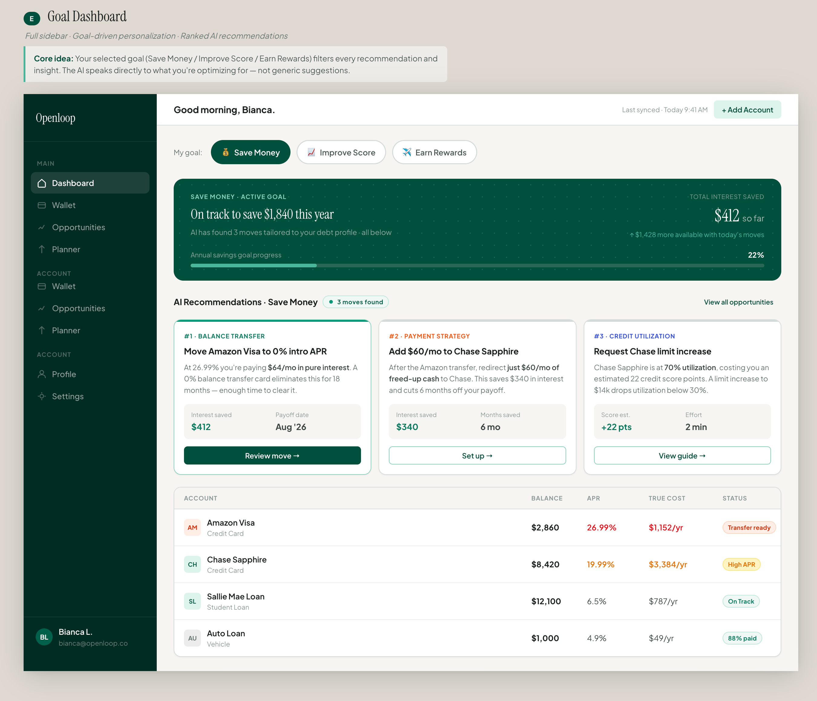 Exploratory dashboard direction two: goal-driven personalization with ranked AI recommendations.