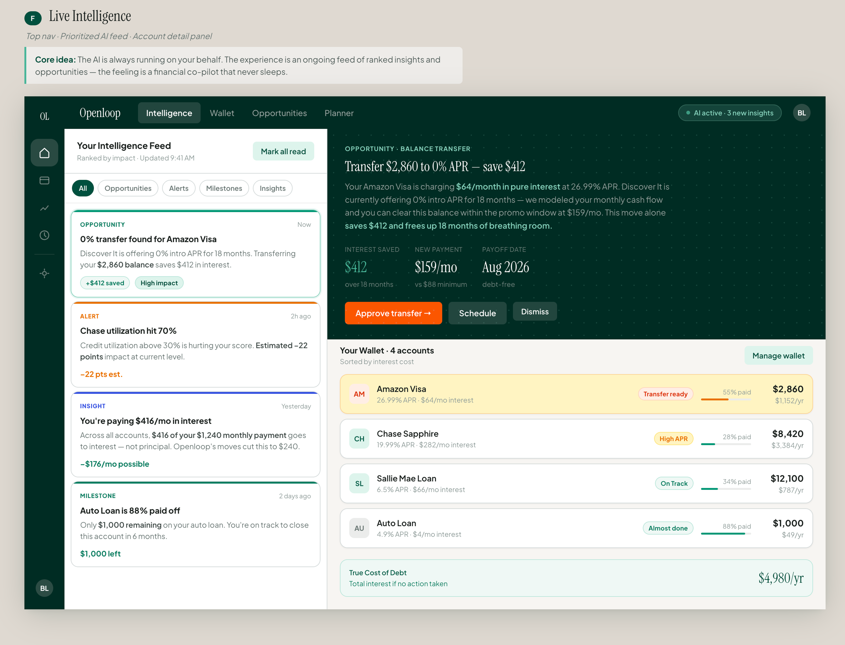 Exploratory dashboard direction three: live intelligence feed with prioritized insights and account detail panel.